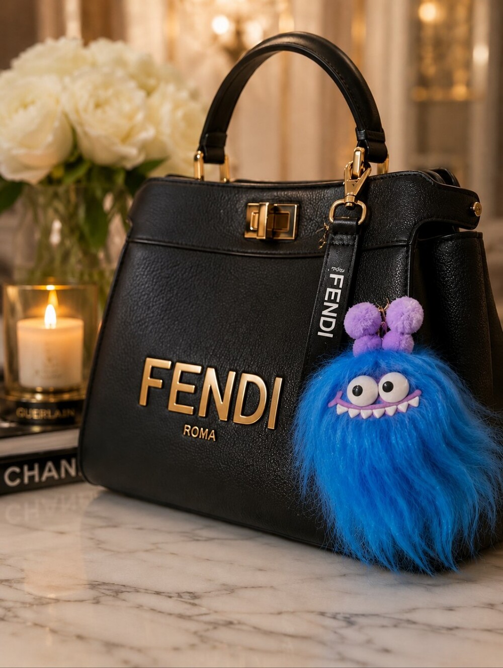 Fendi Ribbon Blue Monster Fur Bag Charm Keychain Designer Accessory